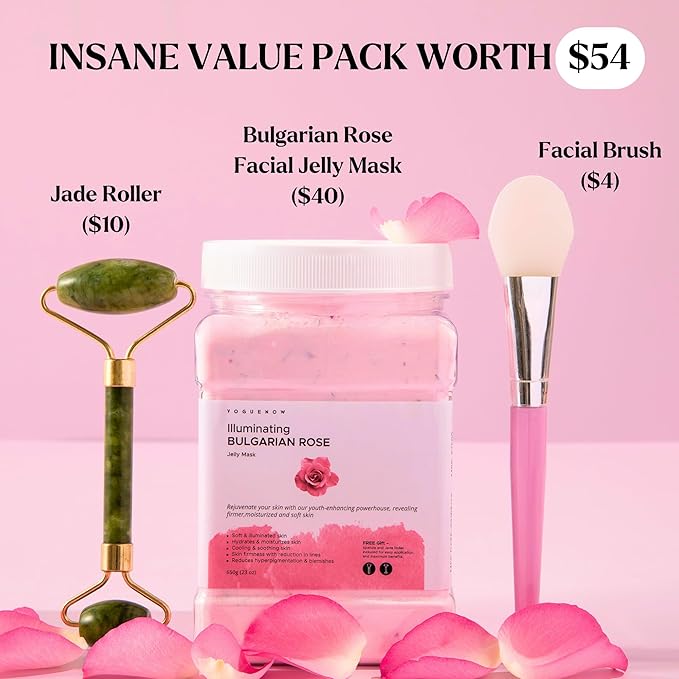 Jelly Face Mask for Facials - Bulgarian Rose Hydrating, Brightening & Nourishing Jelly Mask with Free Jade Roller & Spatula | Professional Hydrojelly Masks | Christmas Gifts for Women, Gifts for Women