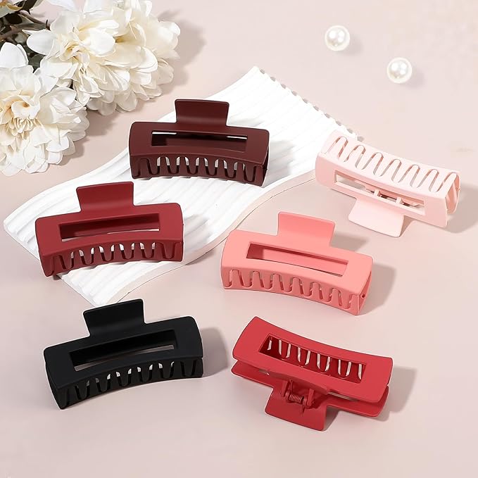 4 Inch Big Hair Claw Clips 6 Pcs Large Claw for Thick Hair Square Hair Clips for Women Rectangle Hair Clips Nonslip Acrylic Banana Jaw Clips Hair Accessories for Girls (Red)