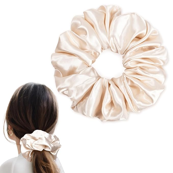CEELGON Beige Big Satin Scrunchie6.5 Inches Jumbo Scrunchies Silky Hair Ties Oversized Ponytail Holderfor Thick Curly Hair Extra Large Hair Accessories for Women (Beige)