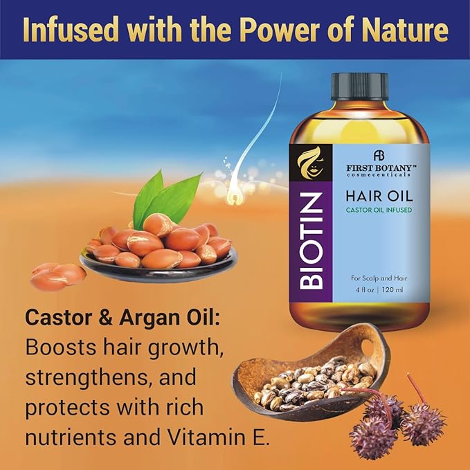 First Botany Biotin Castor Oil Encourages Hair Growth, Scalp & Hair Strengthening Serum, Nourishing Treatment for Split Ends, Dry Scalp, Safe for All Hair Types, 4 fl oz