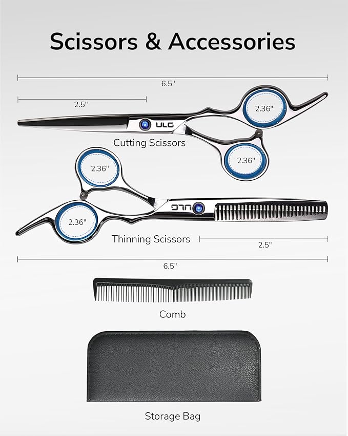 ULG Hair Cutting Scissors Thinning Shears Kit Professional Hairdressing Texturizing Salon Razor Edge Scissor Barber Kit Plus 6.5 inch Silver
