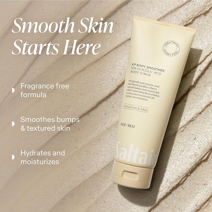 Saltair KP Body Scrub. 10% Glycolic Acid Treatment with Volcanic Sand and Plant Moisturizers. Fragrance-Free Physical Chemical Exfoliator. Exfoliating Body Scrubber for Rough Bumpy Skin, 10oz.