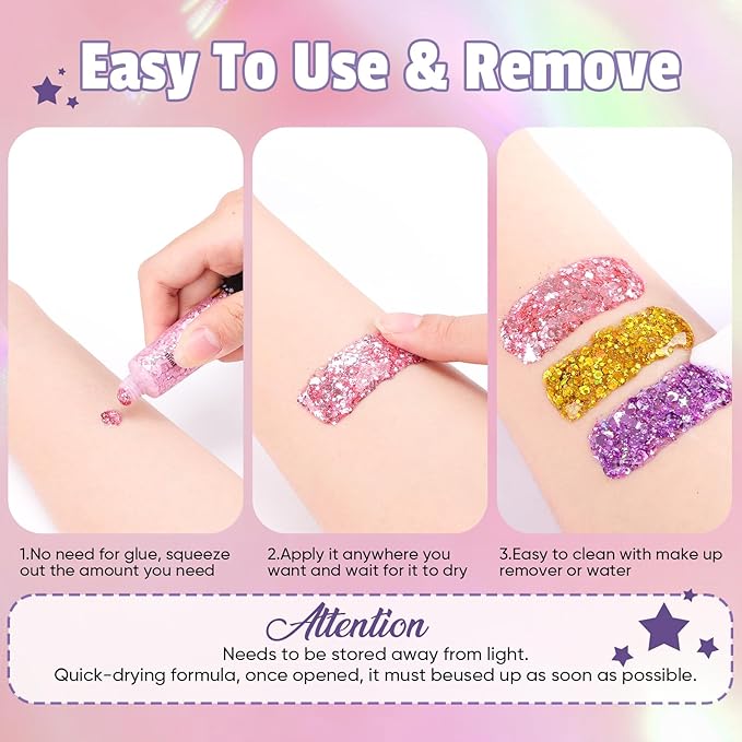 AROIC Kids Unicorn Hair Glitter，14Pcs Body &Face Shimmering Glitter Gel Set，Fairy Costume Sparkle Makeup for Girls，Holographic Sparkle Face Paint for Festivals Princess Birthday Party Gifts (7 Colors)