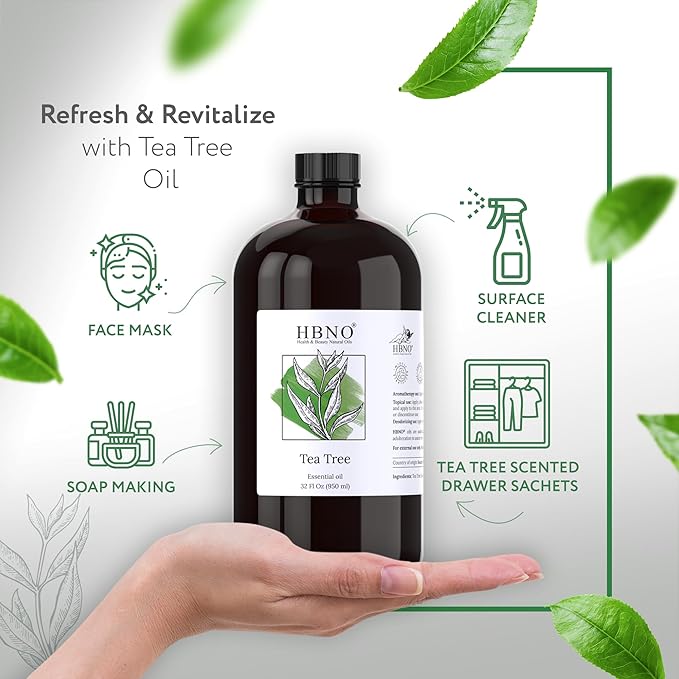 HBNO Tea Tree Oil - Huge 32 oz (950ml) Large Size - Ideal for Diffusers, Cleaning Agents, Deodorizers, and Flavoring Agents (Glass Bottle).