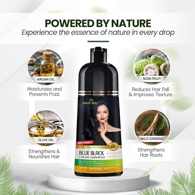 Herbishh Hair Color Shampoo - Magic Long-Lasting Hair Dye for Gray Hair Coloring in Minutes - 500 Ml - 3-In-1 Ammonia-Free Formula (Blue Black)