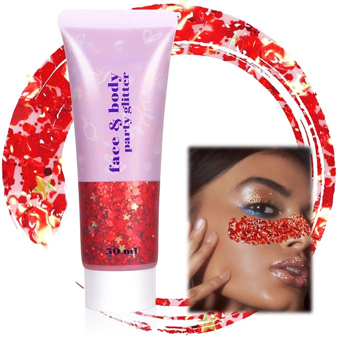 Boko 50ML Body Glitter Gel, Red Chunky Glitter Gel for Face Hair Body Love Heart Makeup, Mermaid Face Glitter Sequins for Festival Music Concert Party Event Rave Accessories