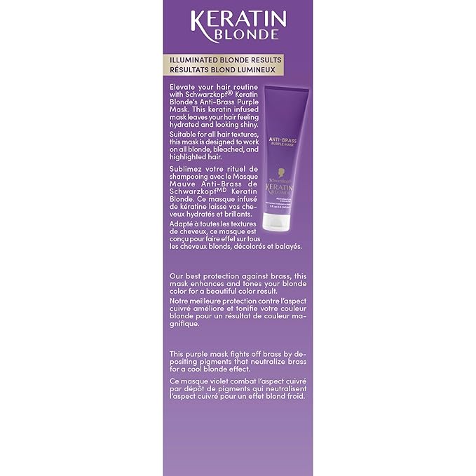 Schwarzkopf Keratin Blonde Anti-Brass Purple Mask, 5 fl oz, Helps Strengthen Hair, Bond Enforcing Care, Tones Brassiness & Yellow Tones, Adds Hydration, For Bleached, Highlighted & Blonde Hair Types