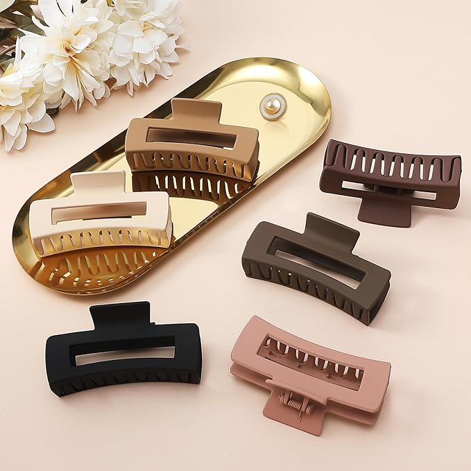 4 Inch Big Hair Claw Clips 6 Pcs Large Claw for Thick Hair Square Hair Clips for Women Rectangle Hair Clips Nonslip Acrylic Banana Jaw Clips Hair Accessories for Girls (Coffee)