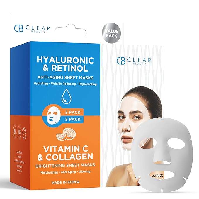 Clear Beauty Hyaluronic & Retinol + Vitamin C Collagen Face Mask Duo – Hydrating, Firming & Revitalizing For Dull Or Aging Skin – Dermatologist Tested, Korean Skin Care, Clean Beauty – 10 Sheets