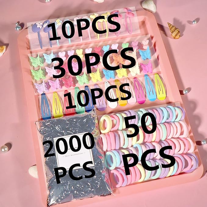 YANRONG Hair Accessories Set For Girls,Candy Colors Nylon Hair Ties,Elastic Ponytail Holders Rubber Band For Baby Kid,Cartoon Hair Clip / Band For Thick Hair & Thin,（2200PCS）
