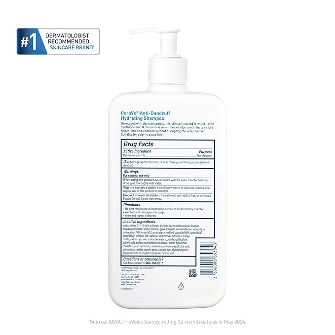 CeraVe Hydrating Anti Dandruff Shampoo, 1% Pyrithione Zinc Dandruff Treatment With Ceramides, Niacinamide & Hyaluronic Acid, Helps Eliminate Flakes & Provides Itchy Scalp Relief, Sulfate Free, 19 Oz