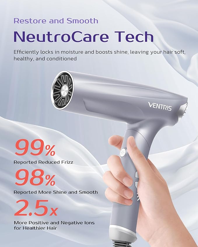 VENTRIS 1400W High-Speed Ionic Hair Dryer, Fast-Drying Lightweight Low-Noise Blow Dryer with Magnetic Diffuser & Concentrator, Cold Shot Button, BlitzFlow Series, Ethereal Gray