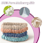 4Pcs Mulberry Silk Scrunchies & Hair Ties - No Crease Skinny Scrunchies Elastic Set for Women All Hair Types, Reduces Breakage (Coastal Tones)