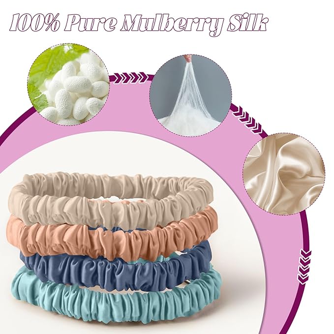 4Pcs Mulberry Silk Scrunchies & Hair Ties - No Crease Skinny Scrunchies Elastic Set for Women All Hair Types, Reduces Breakage (Coastal Tones)
