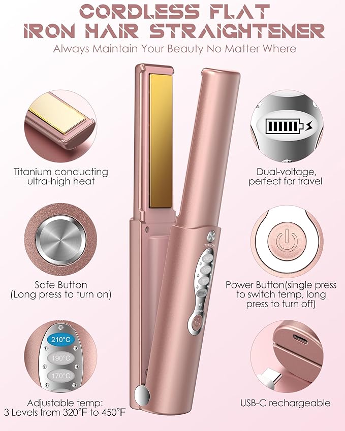 Portable Titanium Cordless Hair Straightener, Heats Up in Seconds & Lasts Up to 50 Minutes & USB C Rechargeable, Dual Voltage Wireless Mini Travel Flat Iron for Edges Bangs - Not for Thick Hair Type