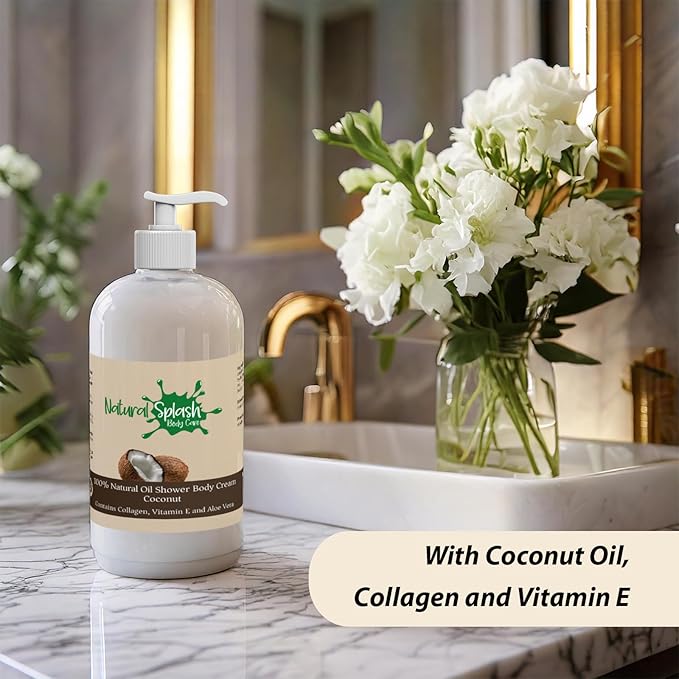 Natural Splash – Shower Body Cream – Natural Coconut Oil with Shea Butter, Collagen, Vitamin E and Aloe Vera - Moisturizing, Nourishing, and Soothing Skin Care.