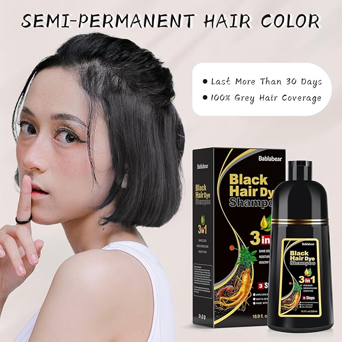 Bablabear Black Hair Dye Shampoo for Gray Hair, Semi-Permanent Hair Color Shampoo for Women and Men, Herbal Ingredients, 3 in 1 100% Grey Coverage.Lasts 30 Days/500ml/Natural herbal Ingredients