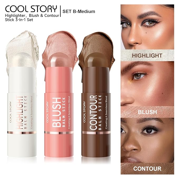 Cool Story 3-in-1 Makeup Set, Highlighter, Blush and Contour Balm Stick, Cream Formula for Face Contouring, Professional Cosmetic Kit (SET-B)