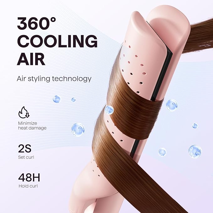 Wavytalk Airflow Styler Curling Iron, Cool Curl, 360° Cool Air Lock in Style for Lasting Curls, Reduces Damage, 2 in 1 Hair Straightener and Curler, 1.25 Inch Anti-Scald for Short Long Hair, Pink