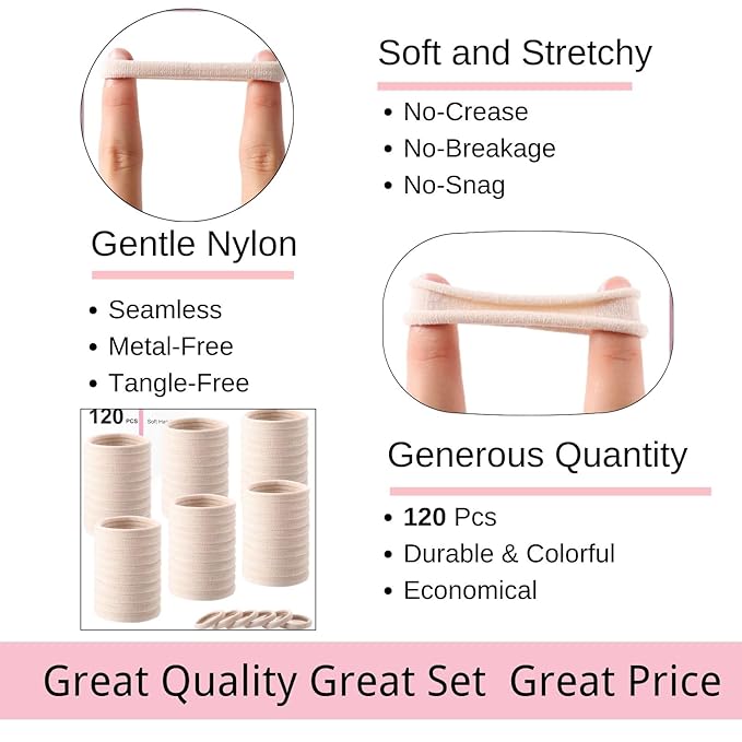 LuSeren 120 Pcs No Damage Hair Ties for Thick Hair, Large Soft Seamless Nylon Hair Elastics for Women, Ponytail Holders, Hair Accessories – Blonde