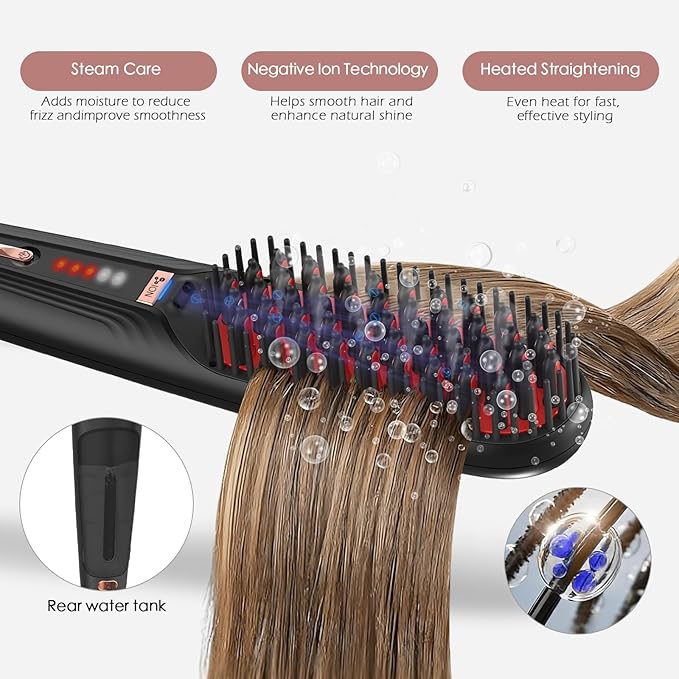 Tome Steam Hair Straightener Brush, 3-in-1 Ionic Straightening Comb with 2 Steam Levels, 3 Heat Settings (356°F–428°F), Dual Voltage 110-240V, Anti-Scald Design for Frizzy & Curly Hair Color Black