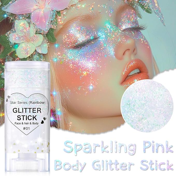 Sparkling Pink Body Glitter Stick, Halloween Face Glitter Makeup,Holographic Hair Glitters Mermaid Makeup Rave Outfits for Women, Shimmer Face Paint Stick for Christmas (Sparkling Pink)
