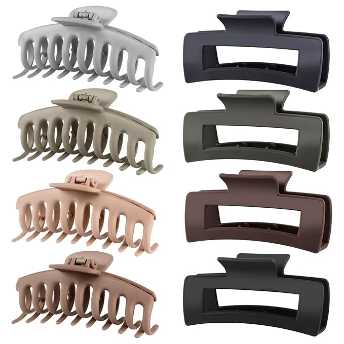 TOCESS Hair Claw Clips for Women, 8 Pack Large 4.33 Inch Jumbo Strong Hold Claw Clip Set for Thick, Thin, Long, Curly Hair, Big Neutral Matte Non-Slip Rectangle Clamps for Girls