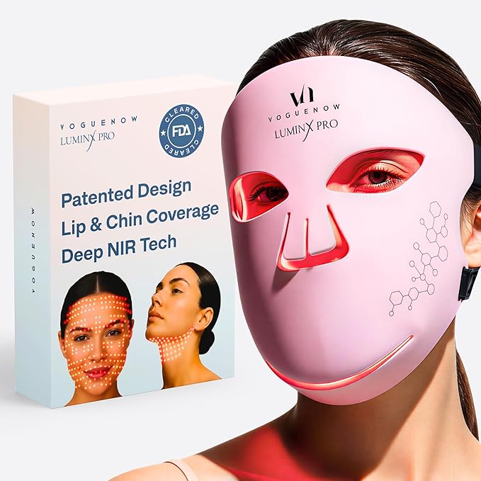 VogueNow LED Light Therapy Mask With Chin & Lip Coverage - FDA-Cleared Device for Wrinkles & Acne - Red Blue Near Infrared Light Therapy for Face - Anniversary Christmas Gifts for Women Mom Wife