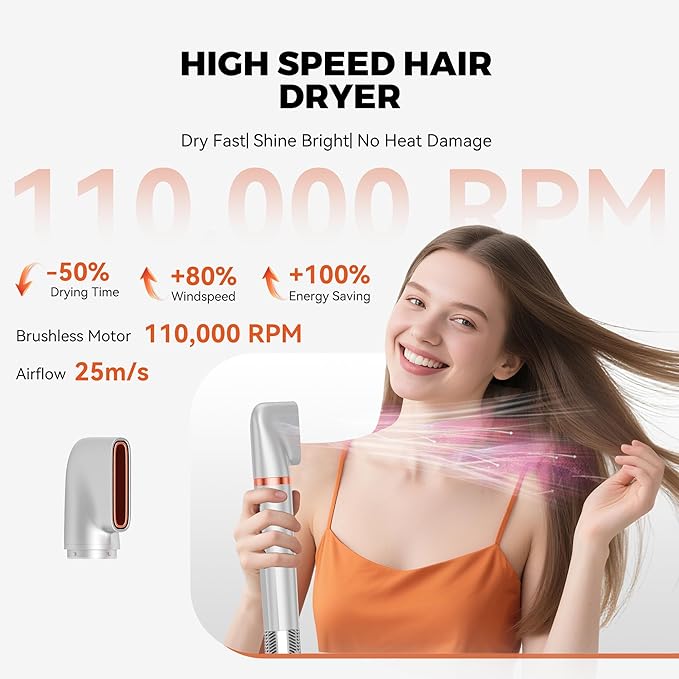 6 in 1 Blow Dryer Brush,110-120V Hair Dryer Brush,110,000 RPM High-Speed,Negative Ion & 4 Adjustable Temp Hot-Air Hair Brush,Detachable Hot Air Styler Set for Women