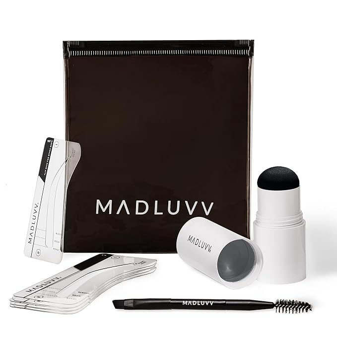 MADLUVV Brow Stamp Kit with Brow Stencils – Easy Eyebrow Shaper for Natural-Looking Brows – Popular Eyebrow Stencil Kit Used by Professionals – 9 Shapes, Spoolie, Travel Bag & Stamp (Dark Grey)