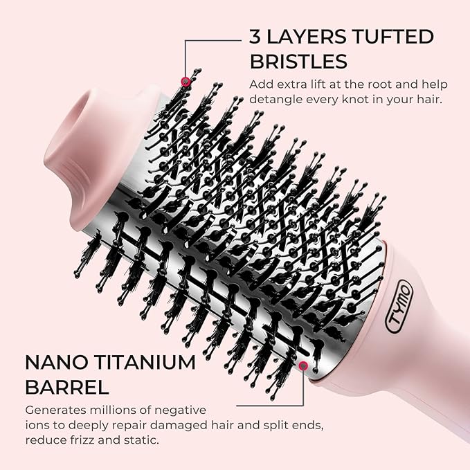 TYMO Pink Volumizer Hair Dryer Brush with Titanium Barrel, 1200W, 3 Speeds, Nylon Bristles, Ionic Technology, Salon Long-lasting Hairstyles, Hot Air Brush for Women, Designed for 120V USA Outlets