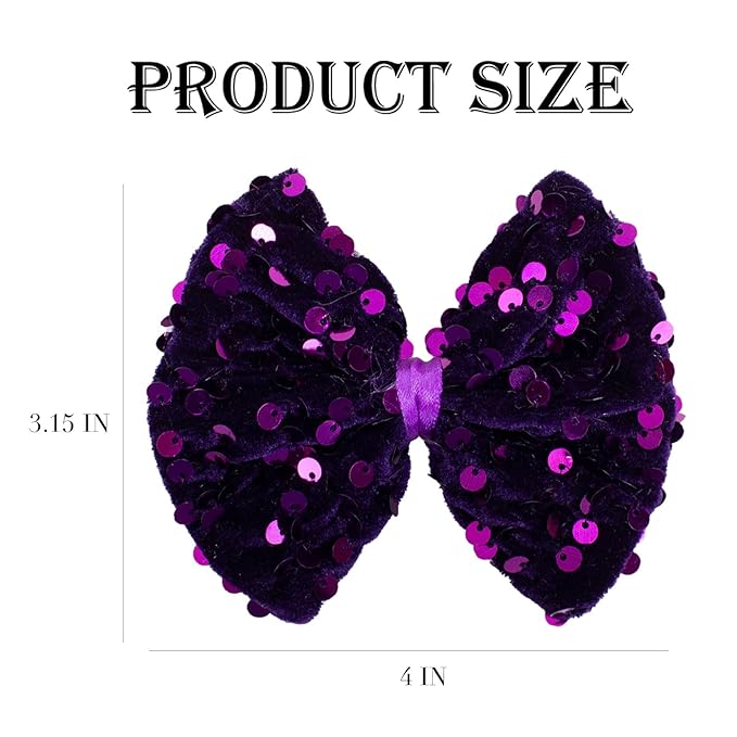 Velvet Sequin Hair Bows Elegant Purple Bow for Women Girls, 4in Glitter Handmade Hair Clips Alligator Clips Ponytail Holder Sparkly Hair Accessories for Helloween, Christmas, Birthday Party, Wedding