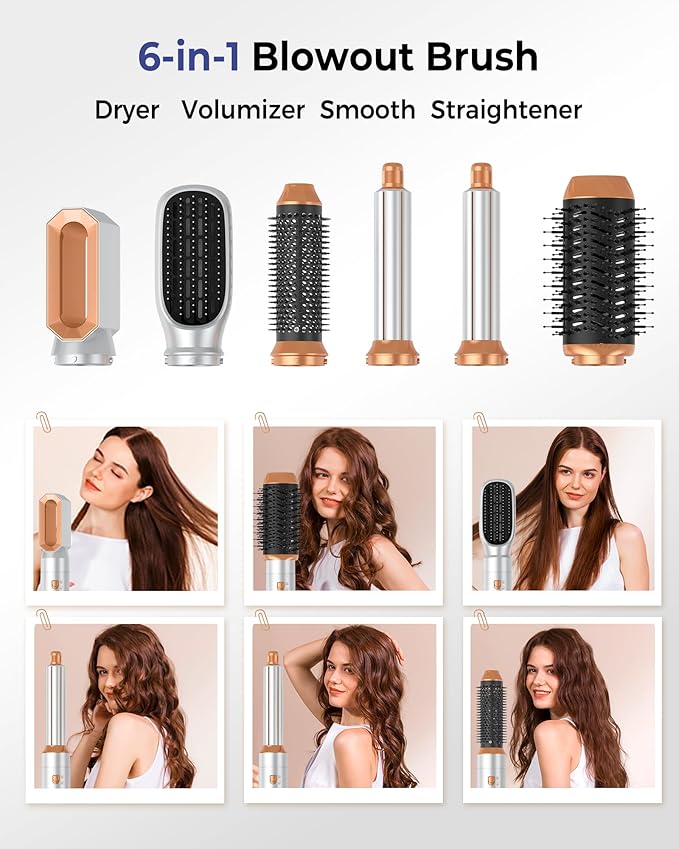 6 in 1 Blow Dryer Brush, Upgrade Hair Dryer Brush Set Negative Ion Air Styler Curling Wrap Air Curler, Hot Air Brush Curling Iron Hair Styling Tools As A Gift for Straight/Curl/Dry/Smooth