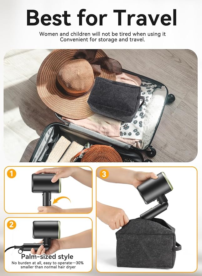 Hair Dryer, 150000RPM Ionic Blow Dryer - Fast Drying, Low Noise, Foldable Portable with Diffuser and Nozzle, Compact Mini for Women and Men, Home and Travel - Black