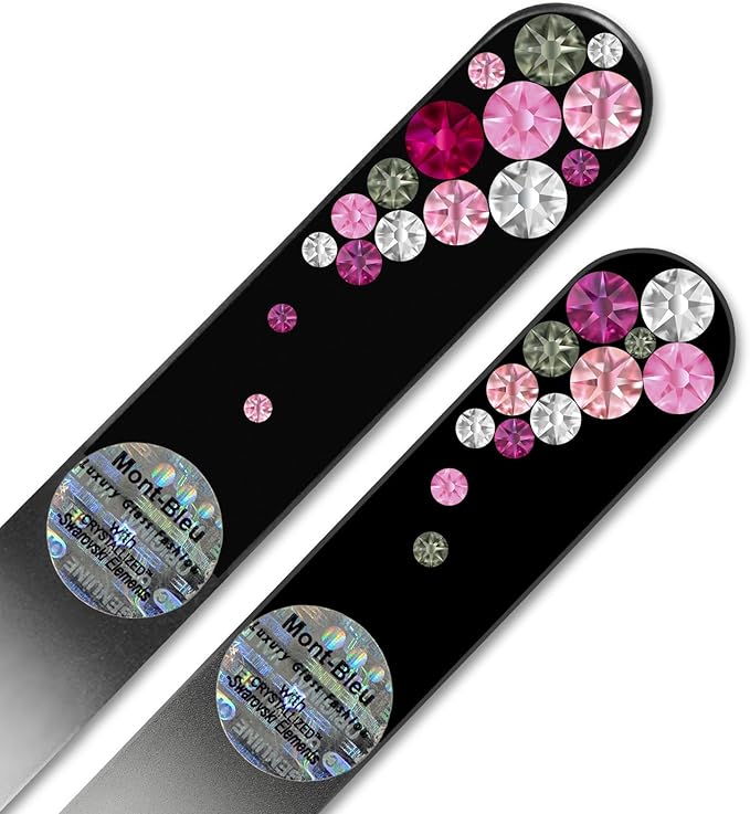 Nail File - Mont Bleu Premium Set of 2 Glass Nail Files Hand Decorated with Crystals - Genuine Czech Tempered Glass - Gifts for Women - Best Glass Nail Files for Natural Nails