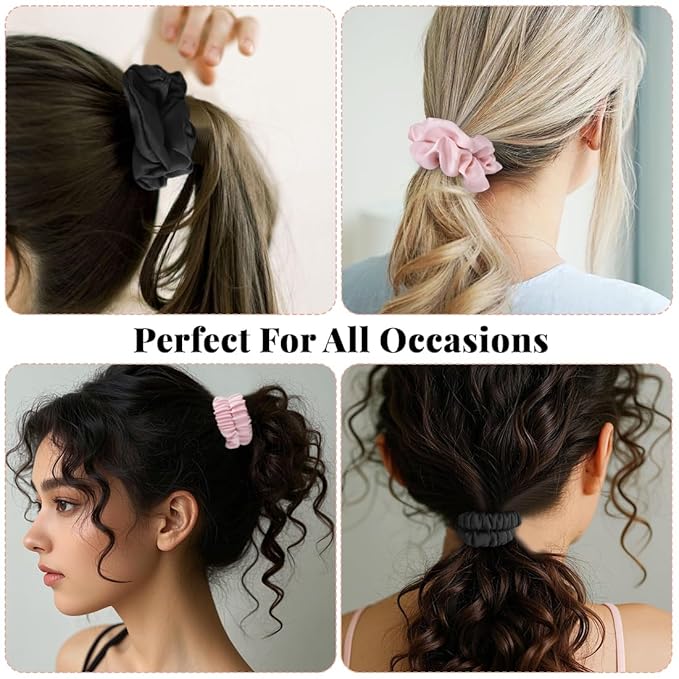 4Pcs Satin Silk Scrunchies for Women, Satin Hair Ties No Damage 2 Big & 2 Small, Soft Non-Slip Scrunchie (Fashion Black & Pink)