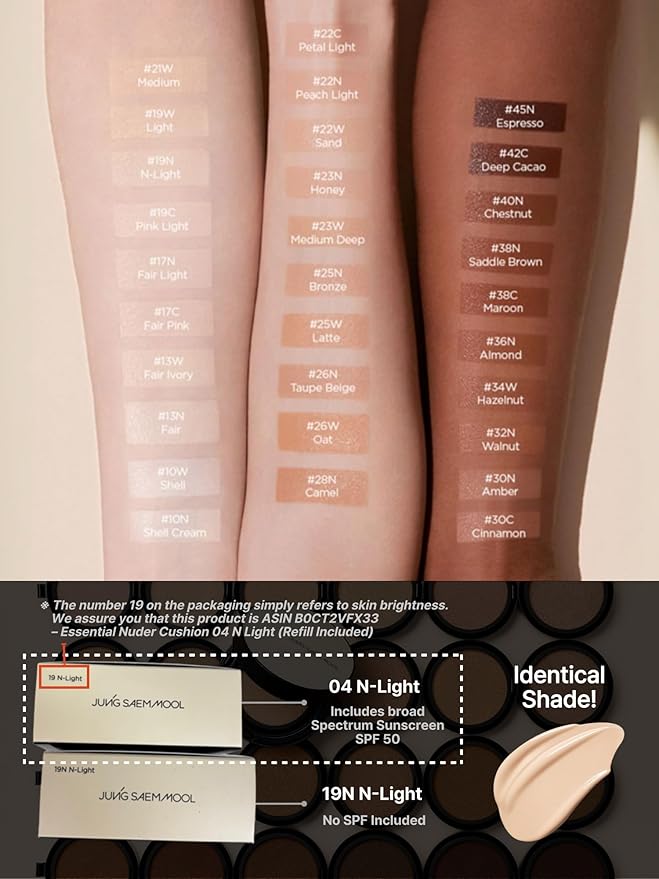 JUNG SAEM MOOL [ SPF ] Essential Skin Nuder Cushion (19 N-Light) | Refill Included (0.98 Fl Oz) | SPF50 Broad Spectrum | Natural Finish | Makeup Artist Brand