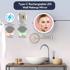 Rocollos 9" Wall Mounted Lighted Makeup Mirror, Large Double Sided 1X/10X Magnifying Mirror, 3 Color LED Vanity Mirror, Touch Dimmable 360° Swivel Light Up for Bathroom