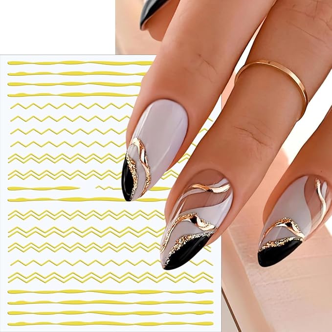 12 Sheets Gold Line Nail Stickers Decals 3D Self Adhesive Nail Decals French Nail Art Sticker Gold Wave Stripe Nail Supplies Accessories for or Women Manicure Tip