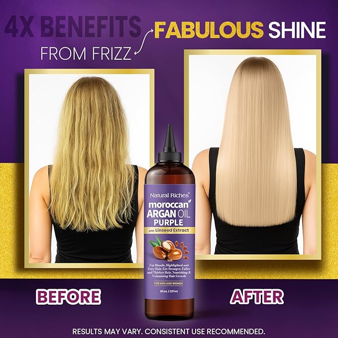 Natural Riches Purple Moroccan Argan Oil for Hair with Linseed Extract, Anti-Brass Formula for Blonde, Silver, Platinum & Grey Hair Neutralize Yellow Tone, Smooths Frizz & Restore Shine 8 fl oz