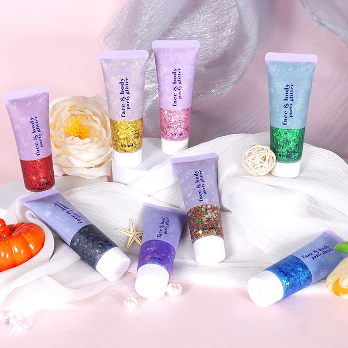 Boko 50ML Body Glitter Gel, Pink Chunky Glitter Gel for Face Hair Body Love Heart Makeup, Mermaid Face Glitter Sequins for Festival Music Concert Party Rave Accessories