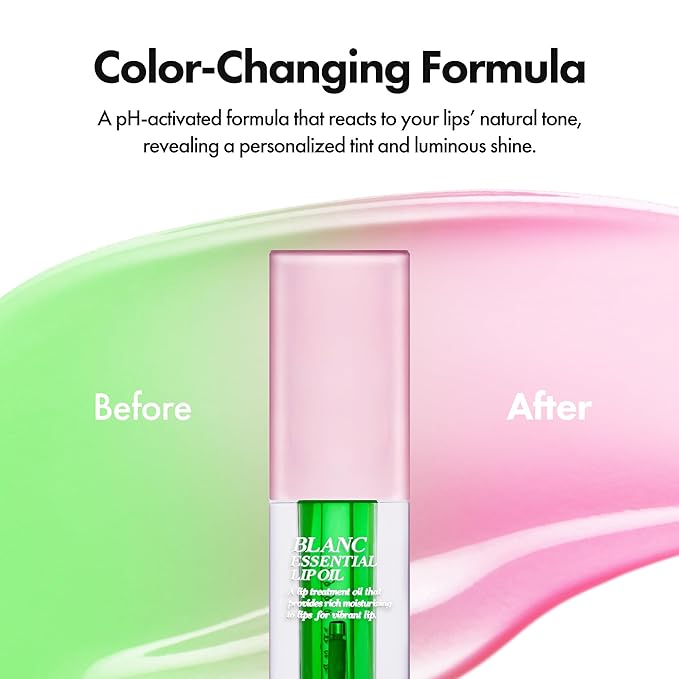 Blanc Essential Lip Oil - 50HR Moisturizing, Hydrating & Color Changing Korean Tinted Lip Oil Gloss Makeup with 6 Plant Extracts - Lightweight, Non-Sticky Finish 0.15 fl oz (#04 Green Apple)