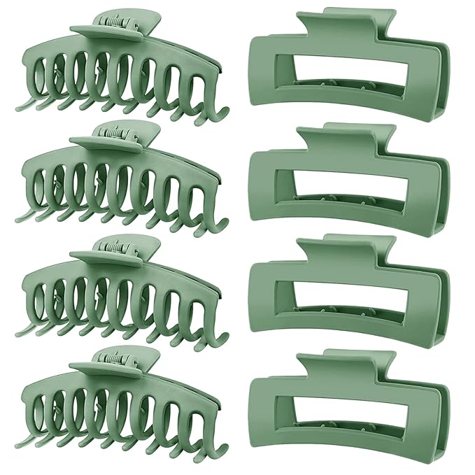 TOCESS Hair Claw Clips for Women - Large 8PK Neutral Matte Jumbo Square Hair Clips for Thick, Thin, Long, Short, Curly Hair Girls, Big Jaw Clip Set for Daily Use (Forest Green)