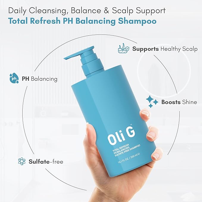 Oli G Total Refresh pH Balancing Shampoo – Lightweight Daily Cleanser for All Hair Types – With Marula Oil, Shea Butter & Quinoa Protein – Hydrating, Anti-Frizz Formula – 10.1 fl oz
