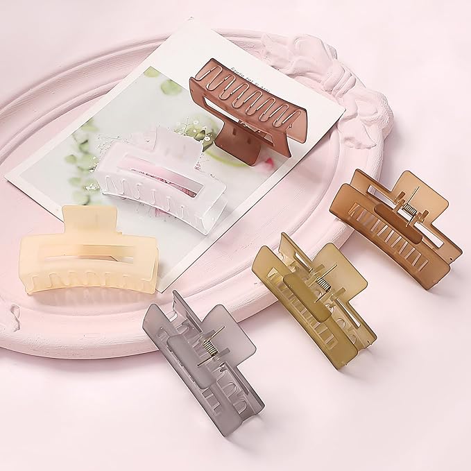 3.5 Inch Medium Hair Accessories - 6 Pack Square and Rectangle Banana Jaw Clips for Women and Girls - Tea