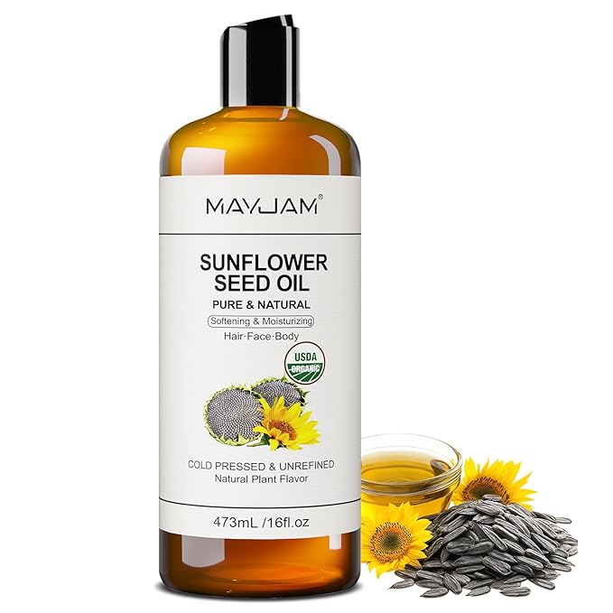 MAYJAM Organic Sunflower Seed Oil 16 Fl Oz, USDA Certified Pure & Natural Cold Pressed Carrier Oil, for Skin, Hair, Face, Body & Nail Moisturing, Massage Oils for Essential Oils Mixing (473ml)