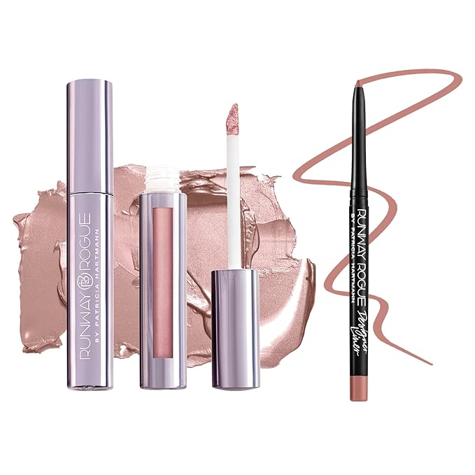 Runway Rogue ‘Soft Box’ Nude-Pink Pearl Glam Shimmer Long Wear Liquid Lipstick Bundle with ‘Spotlight’ Matte Light-Beige Designer Liner Lip Liner
