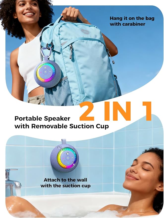 Shower Speaker Bluetooth Waterproof Portable: Birthday Christmas White Elephant Gifts Stocking Stuffers for Adults Teens, IPX7 Loud Sound with Suction Cup Removable, Cool Gadgets with Light-Blue