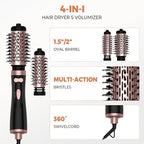 3 in 1 Rotating Hair Dryer Brush, Auto Rotating Blow Dryer Brush Spinning with 2 Brushes (2" & 1.5"), Negative Ionic Brush Blow Dryer, Round Brush Blow Dryer Volumize Curling 100-120V