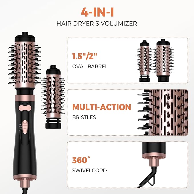 3 in 1 Rotating Hair Dryer Brush, Auto Rotating Blow Dryer Brush Spinning with 2 Brushes (2" & 1.5"), Negative Ionic Brush Blow Dryer, Round Brush Blow Dryer Volumize Curling 100-120V